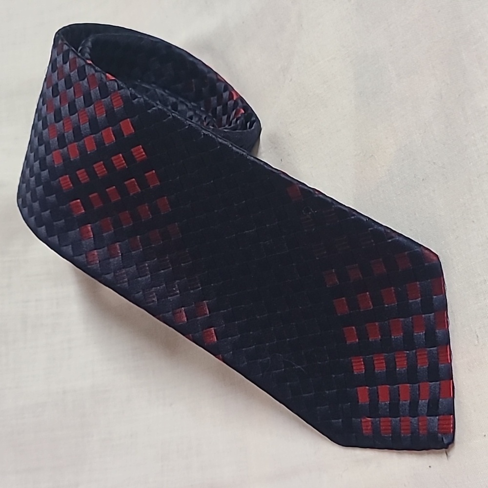 1970s Bergeré Necktie Diagonal Striped Navy Blue Red Checkered Tie